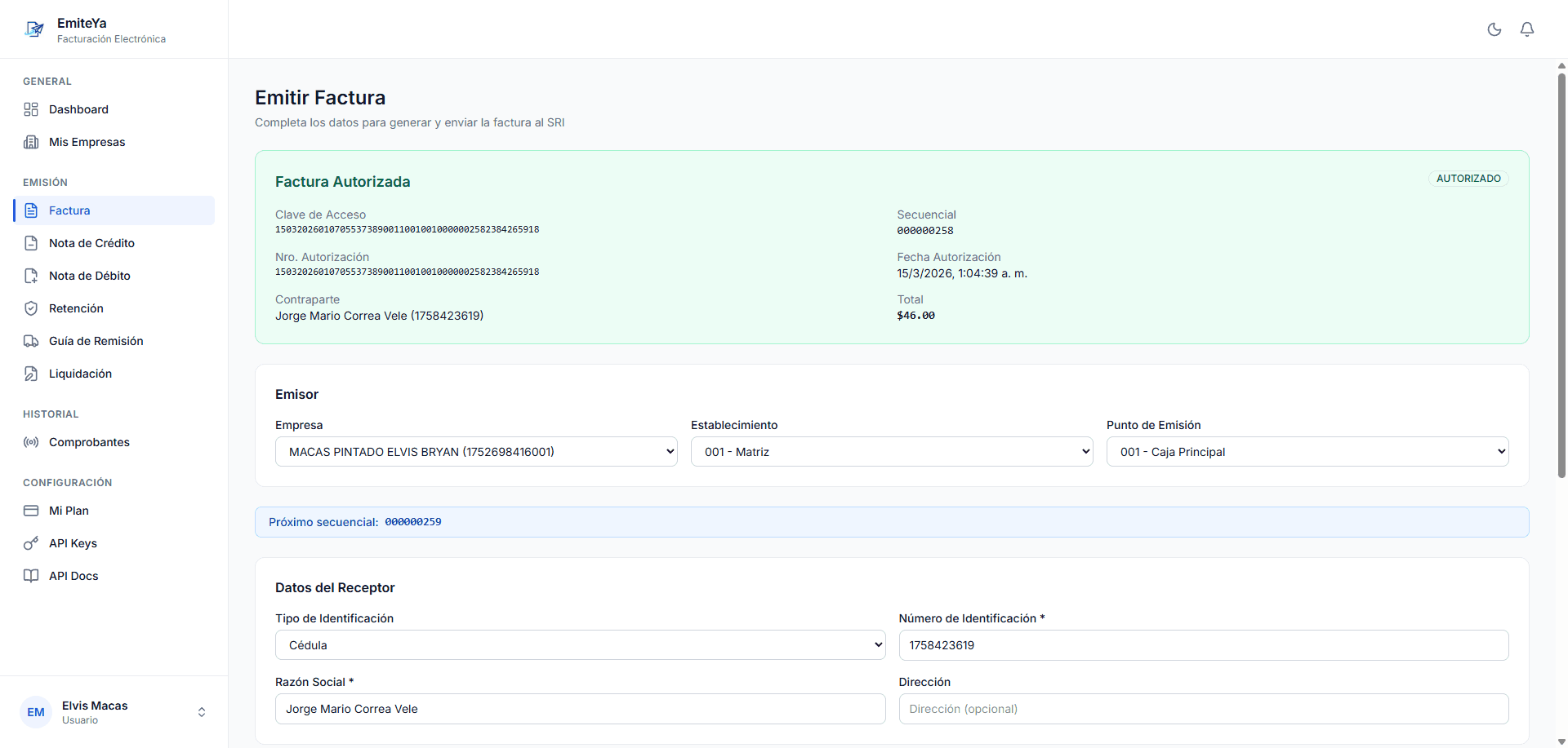 Dashboard de EmiteYa — Panel de control de facturación electrónica Ecuador