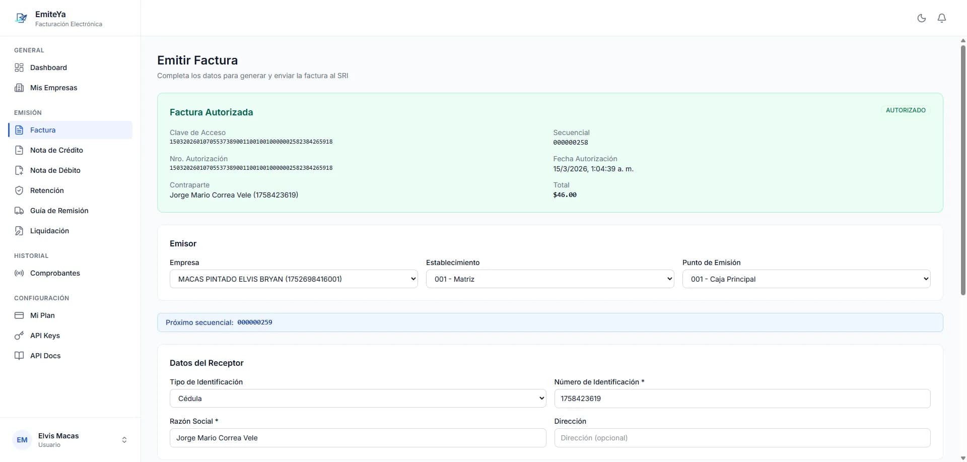 Dashboard de EmiteYa — Panel de control de facturación electrónica Ecuador